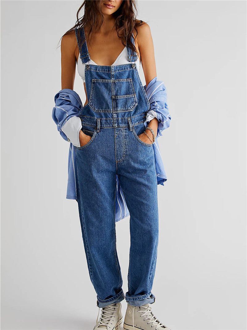 Fashion Denim Overalls for Women Loose Fit Classic Bib Casual Jean Stretchy Denim Overall Jumpsuit Tapered Leg Jean Pants