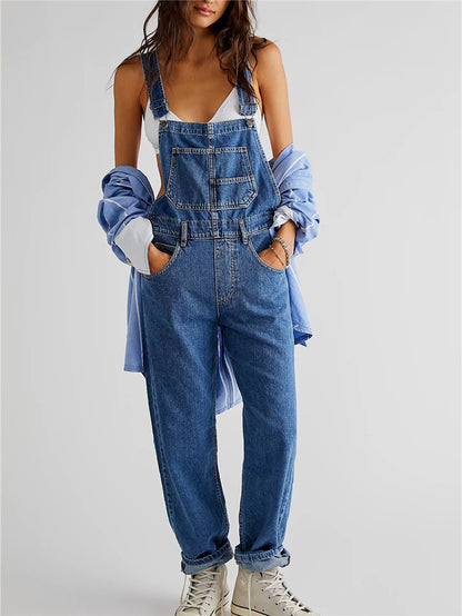 Fashion Denim Overalls for Women Loose Fit Classic Bib Casual Jean Stretchy Denim Overall Jumpsuit Tapered Leg Jean Pants