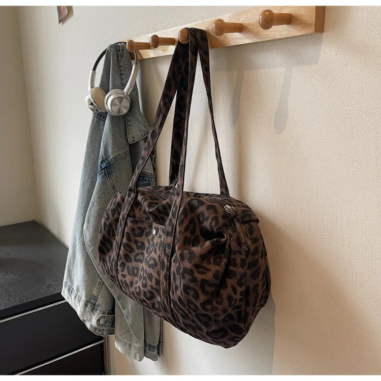 Trendy Leopard Print Canvas Shoulder Bag Large Capacity Fashion Tote Handle Bag for Daily Commute Versatile Texture Storage Bags