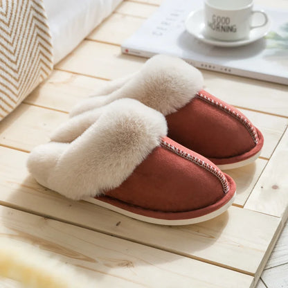 2025 Winter Warm Home Fur Slippers Women Luxury Faux Suede Plush Couple Cotton Shoes Indoor Bedroom Flat Heels Fluffy Slippers