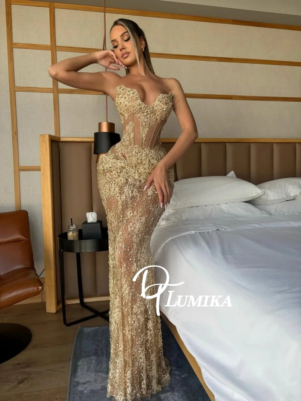 DTLumika Golden Lace Sexy Evening Dress Luxurious Crystals Beaded Bodice Prom Gown Customized Sparkling Mermaid Party Wear