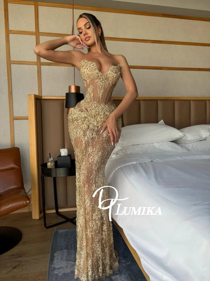 DTLumika Golden Lace Sexy Evening Dress Luxurious Crystals Beaded Bodice Prom Gown Customized Sparkling Mermaid Party Wear