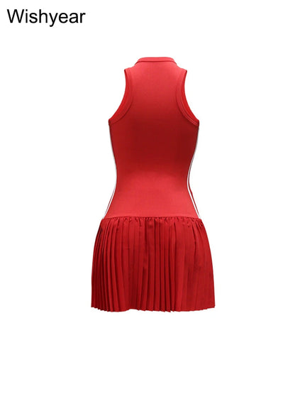 New Fashion O-neck Sleeveless Side Striped Ribbed Pleated Mini Dress for Women Sexy Slim Night Club Tank Summer Birthday Robe