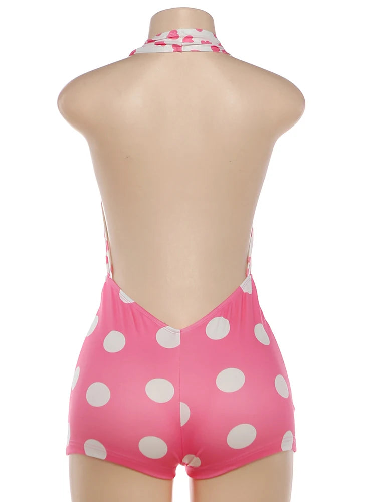 Weird Puss Polka Dots Print Patchwork Halter Backless Playsuit Summer Women's Suit Sexy Stretch Woman Jumpsuits and Rompers