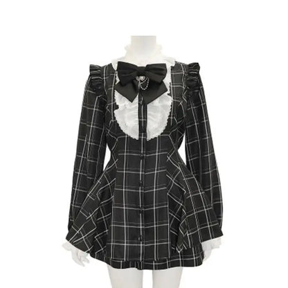 Japanese Style Gothic Y2k Lolita Plaid Rhinestone Bow Dress Shorts Set Sweet Women Puff Short Sleeve Button Shirt Party Dresses