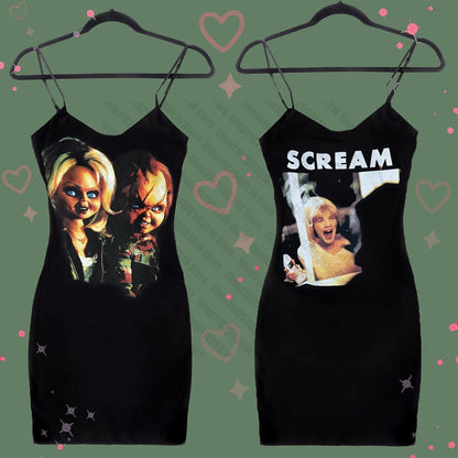 Y2K Harajuku American retro emo girl mini dress Goth grunge punk aesthetic geometric print suspender dress sexy slim chic outfit
