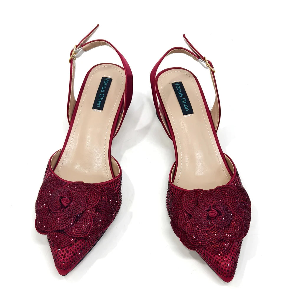 Italian Design Evening Shoes And Bags Paired With Handmade Petal Gold Colour Pointed Toe Mid-Heel Shoes For Women Party Shoes
