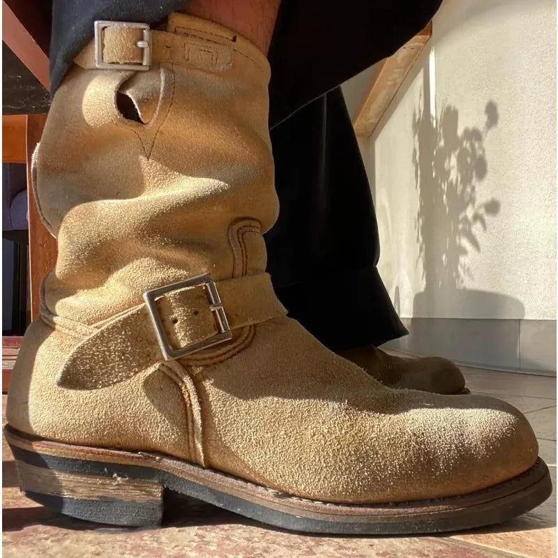 Handmade Vintage Velvet Khaki Work Boots Men's American Style Mid-Calf Retro Thick Bottom Belt Buckle Motobike Leather Boots