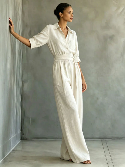 Women's Mid-sleeve Shirts Jumpsuits Spring Summer New 2026 New Fashion Elegant Waisted Lace-up Wide-leg Trousers Female Rompers