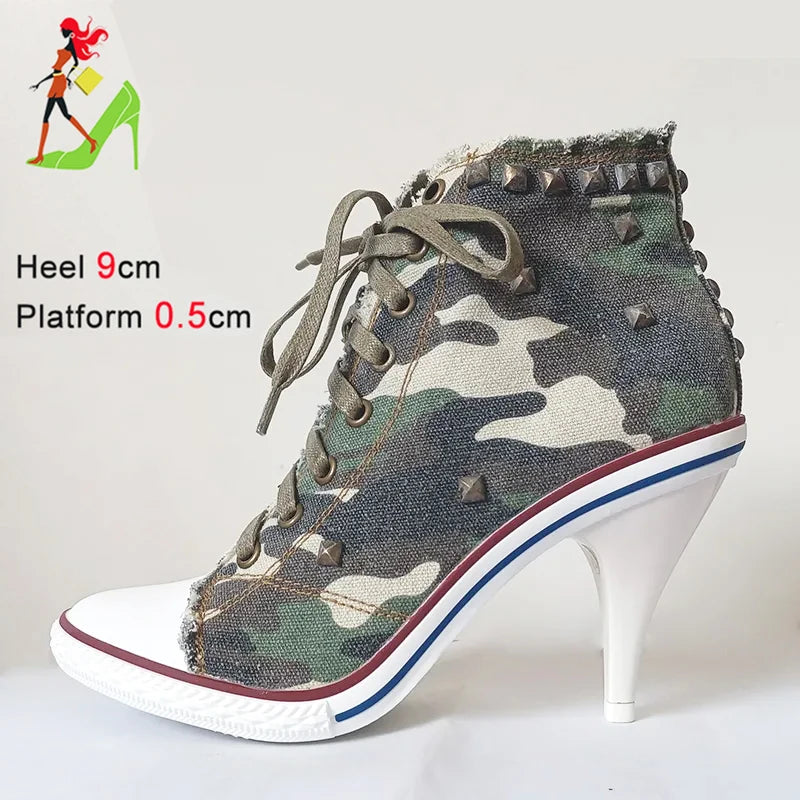 2024 NEW Spring High Heels Rivet Black Shoes Women Fashion Thin Heels Denim Canvas Shoes High Top Round Toe Lace Up Ladies Boots