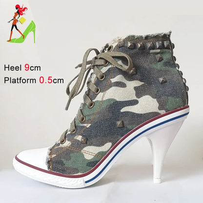 2024 NEW Spring High Heels Rivet Black Shoes Women Fashion Thin Heels Denim Canvas Shoes High Top Round Toe Lace Up Ladies Boots