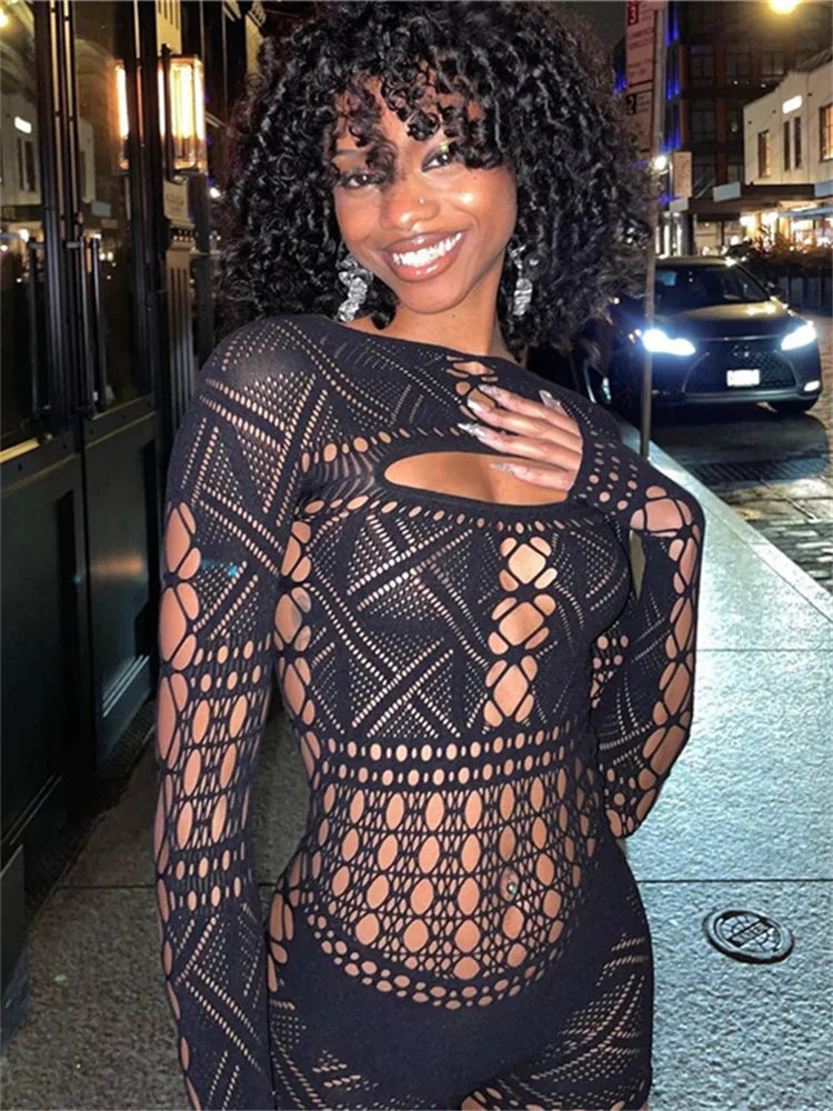 Streetwear Women 2023 One-pieces Outfits Rompers Jumpsuits Summer Long Sleeve Hollow Out Bodycon Mesh Black Romper Playsuits