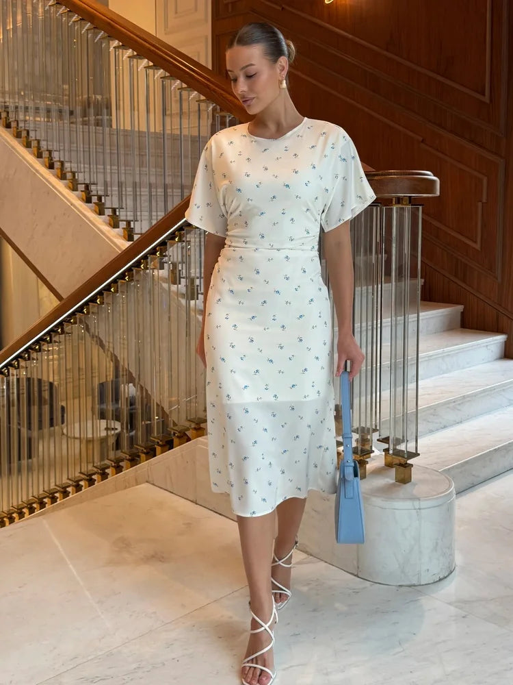 Tossy Floral Print Midi Dress Ruched Dress Round Neck Short Sleeve Fitted Waist Small Flower Print Bodycon Party Clubwear Dress
