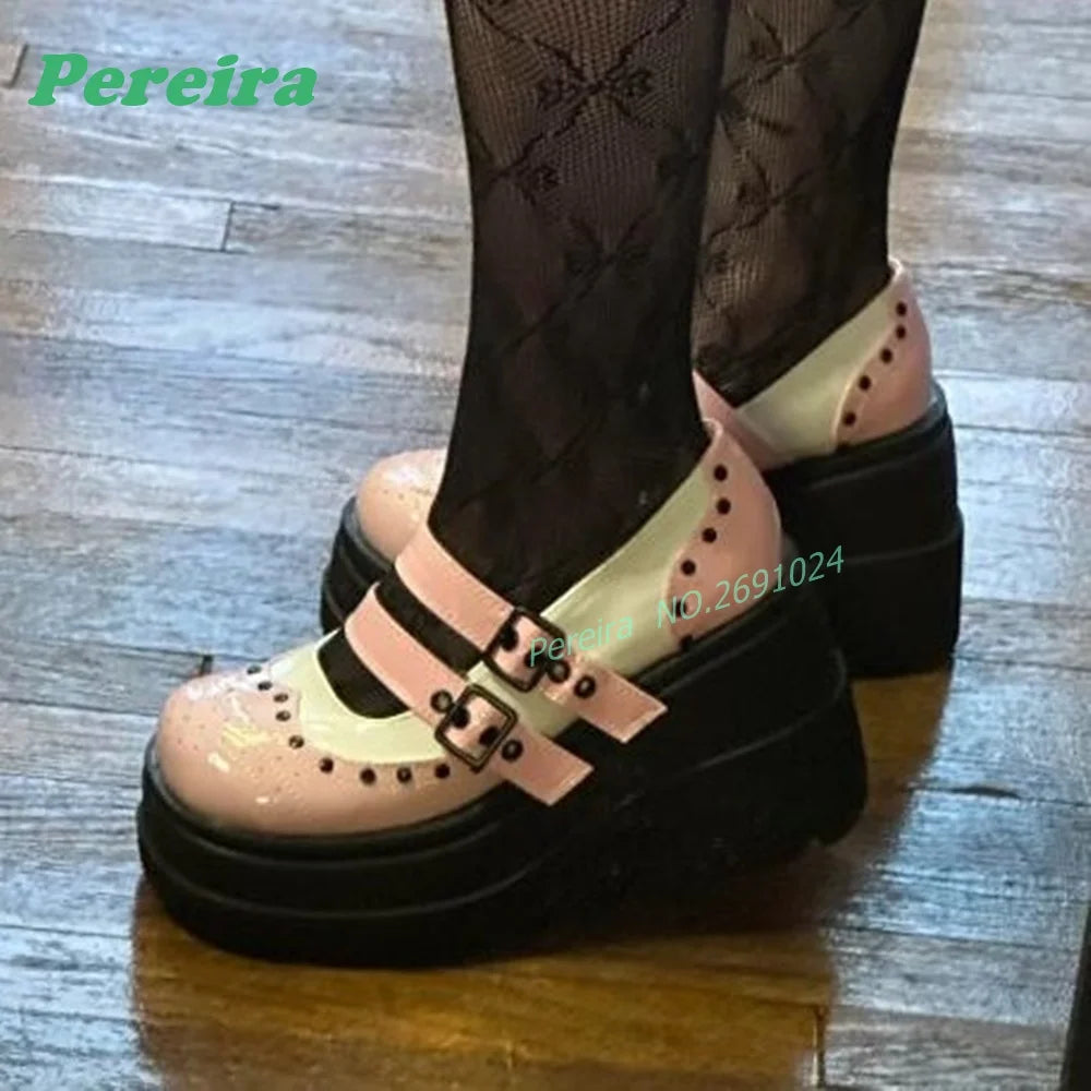 Pink Patchwork Multi-Buckled Ankle Boots Round Toe Gothic Thick Soled Shallow Women's Boots Autumn Summer Cutout Punk Shoes Sexy