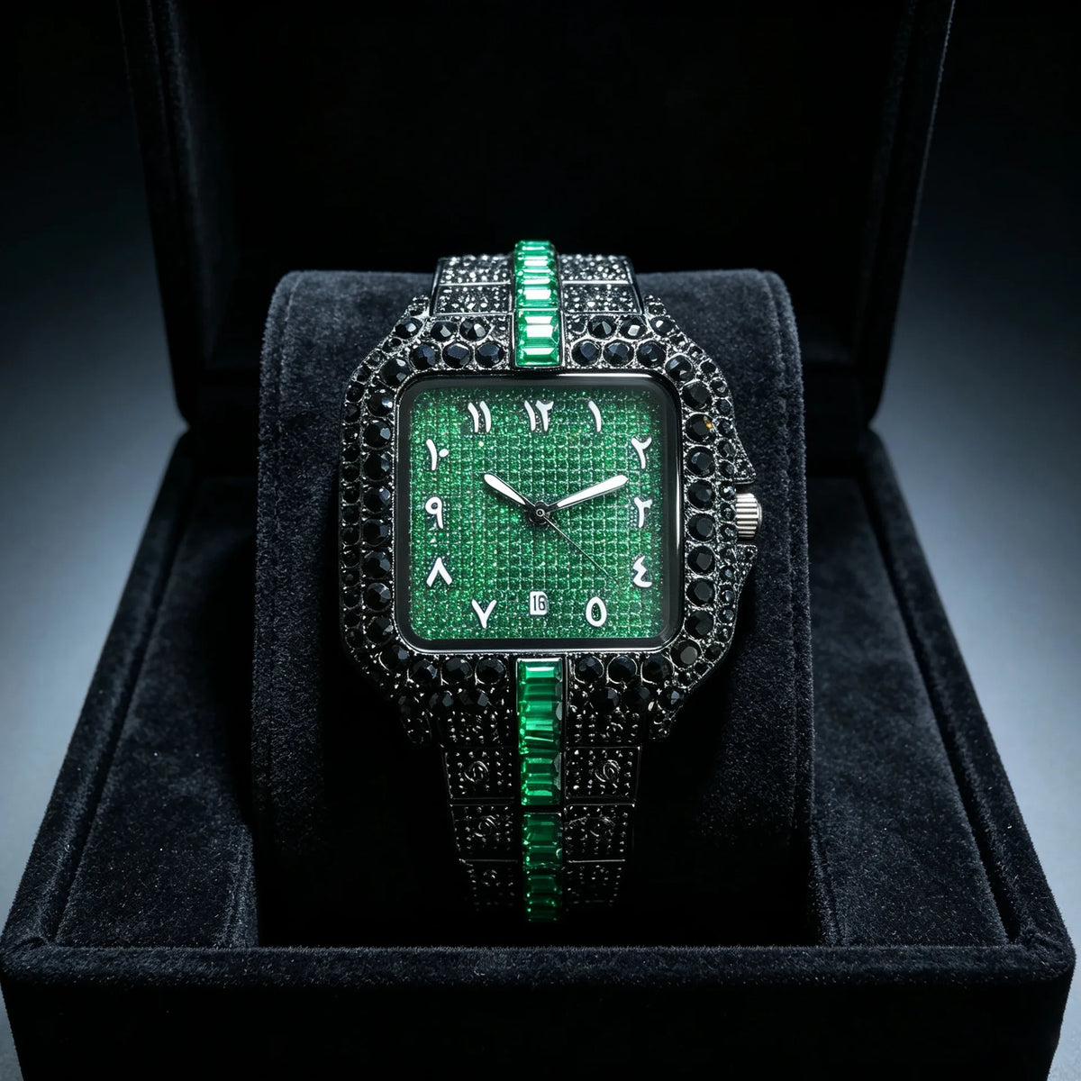 European Full Diamond Men's Quartz Watch with Waterproof Square Case and Hot Fashion Fold Clasp Style