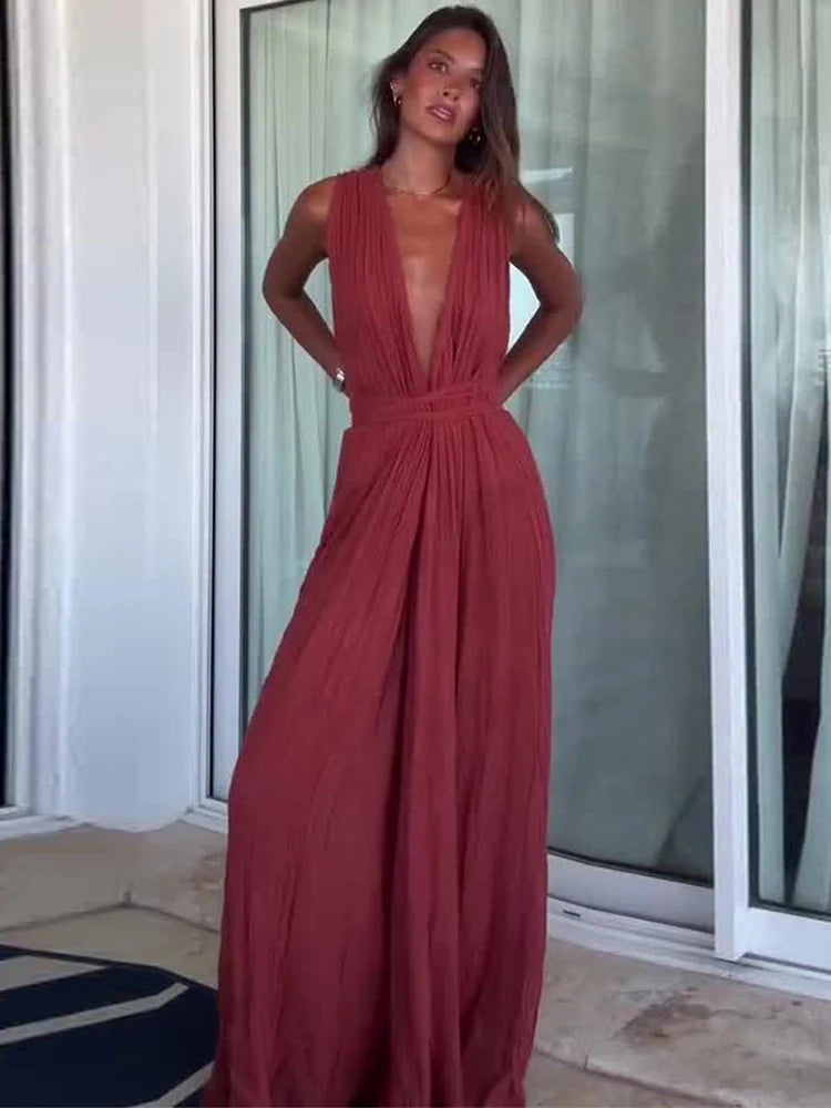 Sexy Women's Jumpsuit Deep V-neck Sleeveless Wide Leg Female Solid Jumpsuits 2026 Summer Fashion Chic Beach Vacation Lady Outfit