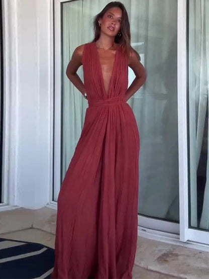 Sexy Women's Jumpsuit Deep V-neck Sleeveless Wide Leg Female Solid Jumpsuits 2026 Summer Fashion Chic Beach Vacation Lady Outfit