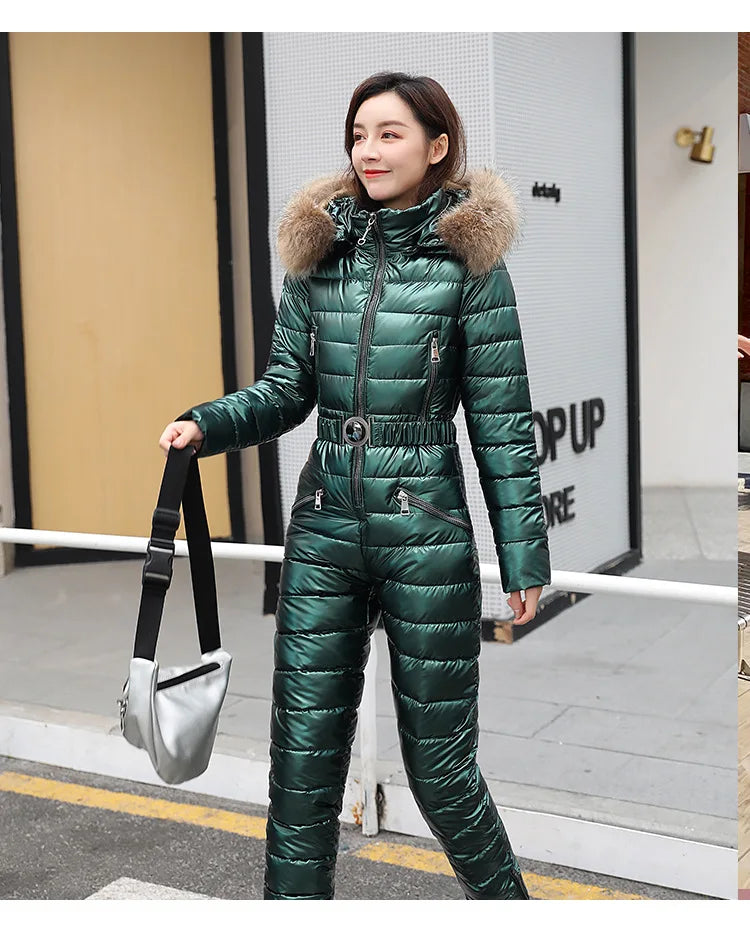 Jumpsuits One Piece Ski Suit Winter Thicken Snow Place Down Cotton Women Suits Warm Hooded Waist Slim Shiny Outdoor Sports