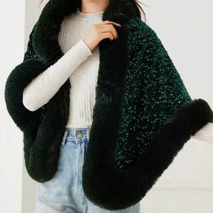 1PC Shiny Sequin Plush Shawl for Women Party Warmth Versatile Faux Fur Collar Blingbling Fashionable Shawl