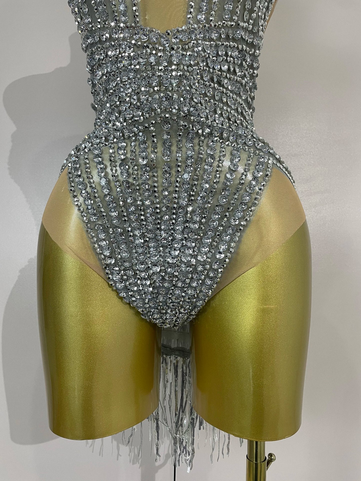 Luxury Sparkly Silver Diamonds Tassel Mesh Sheer Bodysuits Eveing Birthday Party Latin Dancer Bar Nightclub Sexy Stage Costume