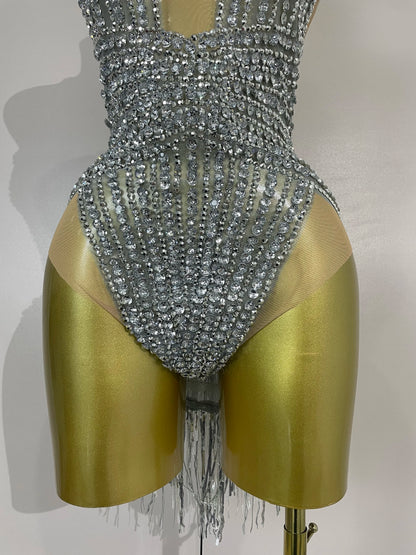 Luxury Sparkly Silver Diamonds Tassel Mesh Sheer Bodysuits Eveing Birthday Party Latin Dancer Bar Nightclub Sexy Stage Costume