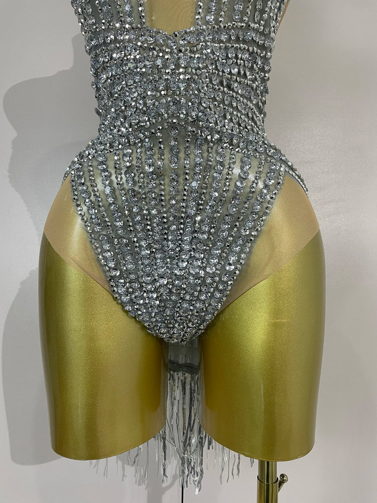 Luxury Sparkly Silver Diamonds Tassel Mesh Sheer Bodysuits Eveing Birthday Party Latin Dancer Bar Nightclub Sexy Stage Costume
