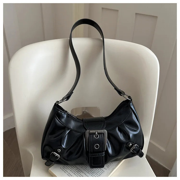 Fashion Pleated Lock Design Women's PU Shoulder Bags Simple Solid Color Ladies Underarm Bag Portable Cool Girls Phone Handbag