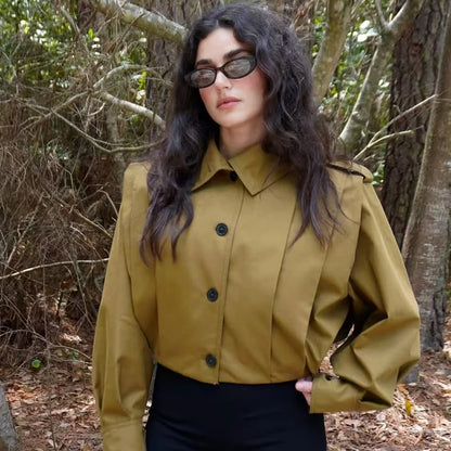 HXAO Women's Jackets Brown Pleated Jacket Spring Summer 2025 Cropped Bomber Button Long Sleeve Coats Outerwears Aviator Jackets