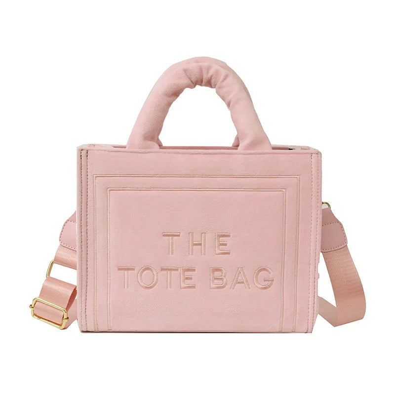 Women's Khaki Velour Tote Bag Original Letter Print Medium Ladies Shopper Handbag Female Square Medium Shoulder Bags