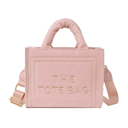 Women's Khaki Velour Tote Bag Original Letter Print Medium Ladies Shopper Handbag Female Square Medium Shoulder Bags