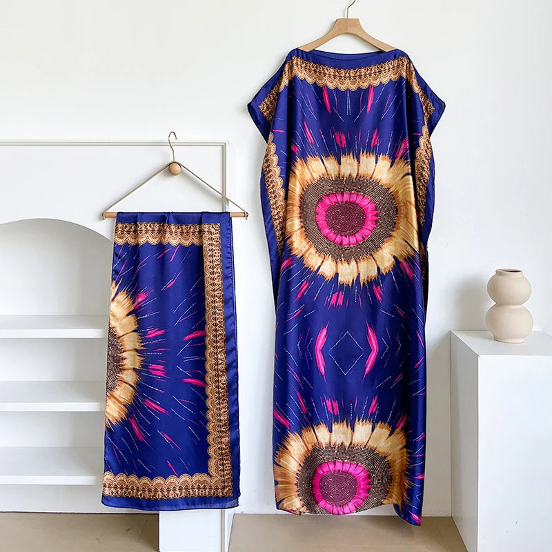 Fashion Summer Kaftan Dress for Women with Big Scarf Loose Abaya Muslim Casual Print Shawl Robe African Style Dubai Turkey