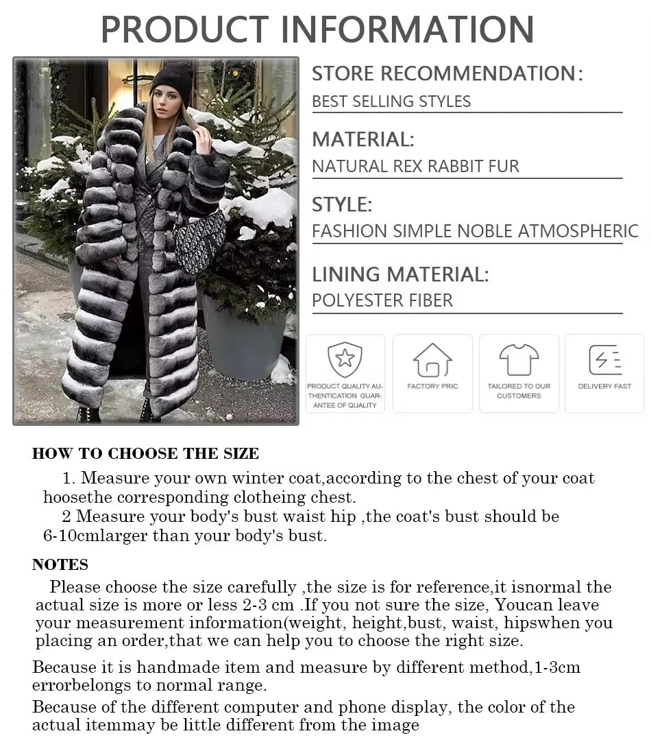 Best Selling Real Rex Rabbit Fur Coat Women Long Chinchilla Fur Coat Winter Women's Fur Jackets Brand Contrast Warm