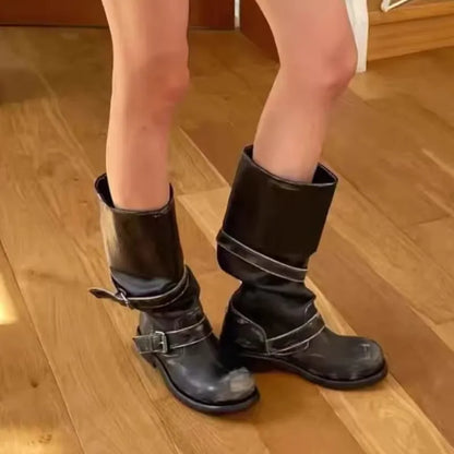Retro Weathered Knight Boots Belt Bule Chunky Heel Mid-Calf Women's Boots Cowhide Leather Slimming Booties for All-Season Wear