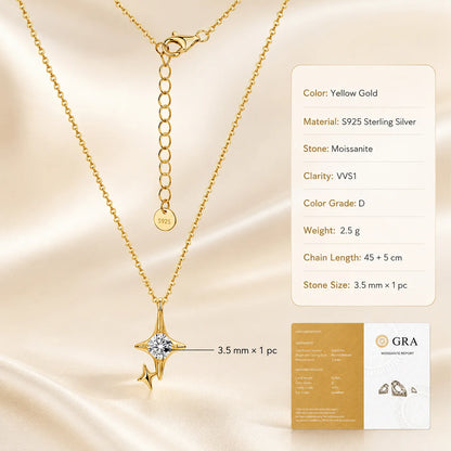 Moissanite Star Pendant Necklace Four Point Double Star O Chain S925 Sterling Silver D Color VVS1 GRA Certified Gift for Women
