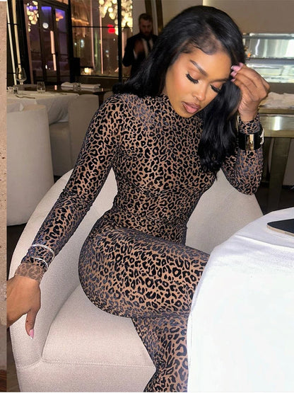 kliou Midnight Y2K Women Jumpsuits Hipster Leopard Print Full Sleeve Round Neck Slim Overalls Female Trend Party Club One Piece