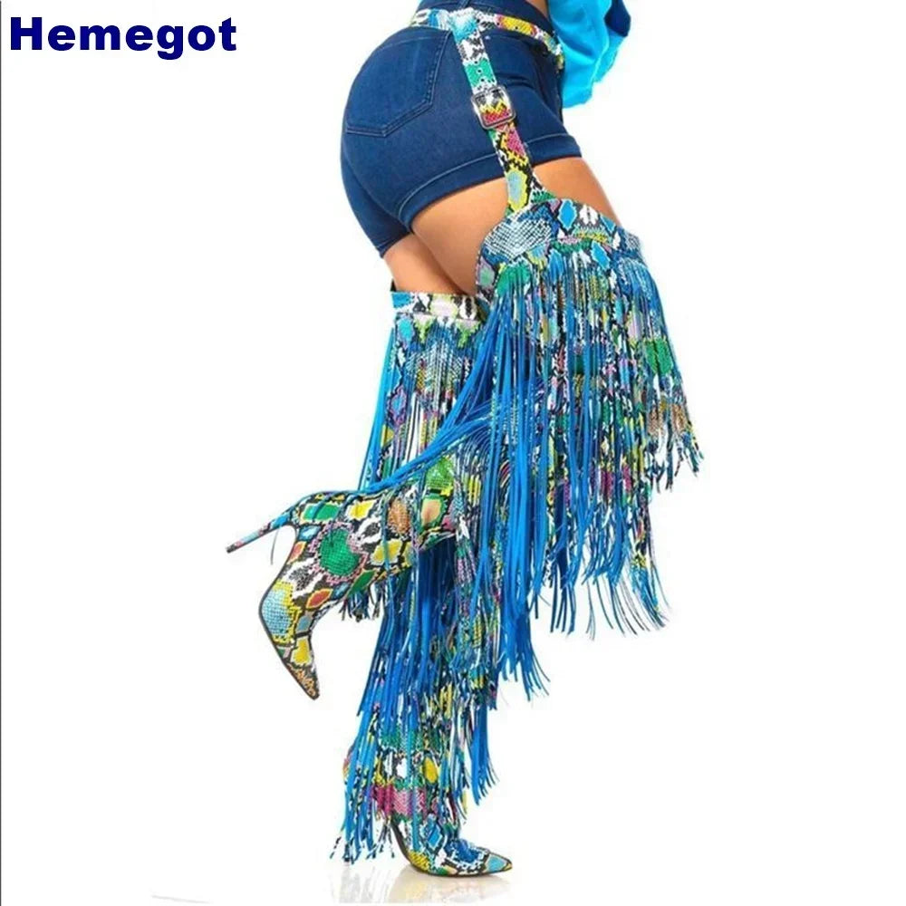 2025 Fashion Ladies Over Knee Belt Tassel Boots Autumn Winter Stiletto Stage Catwalk Model Boots Snake Pattern Street Sexy Boots