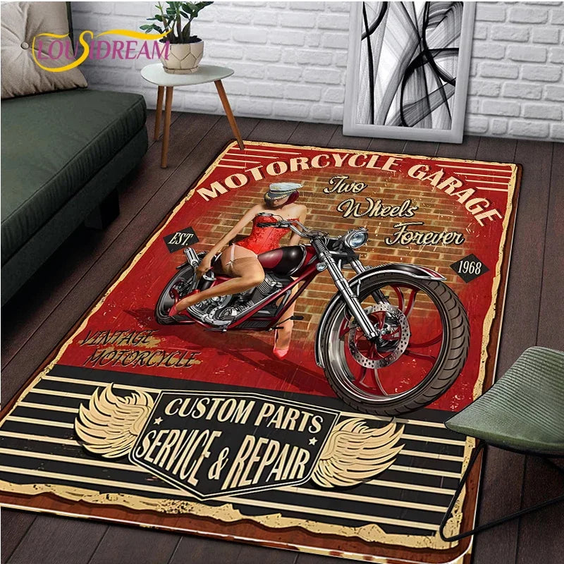 Retro Motorcycle Area Rug Carpet Moto Fans Non-slip Large Door Step Mat Bathmat for Living Room Bedroom Entrance Home Decoration