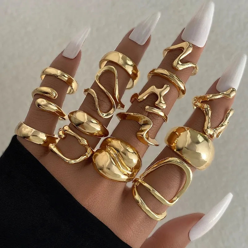 15Pcs/Set Stainless Steel Irregular Lines Water Drop Rings for Women Men Exaggerated Punk Retro Boho Fashion Jewelry Gifts