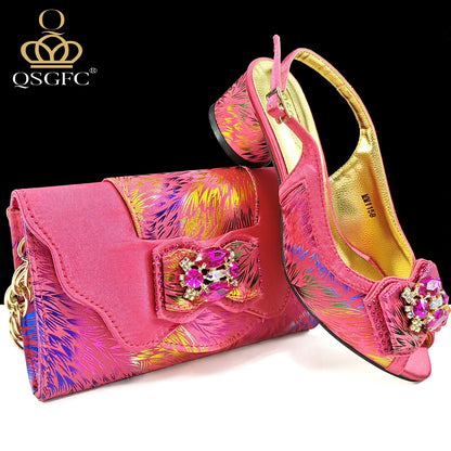 QSGFC New Design Nigerian Style Women Heels Shoes And Elegant Bag Set Color Matching Handbag Wedding Party Women Shoes