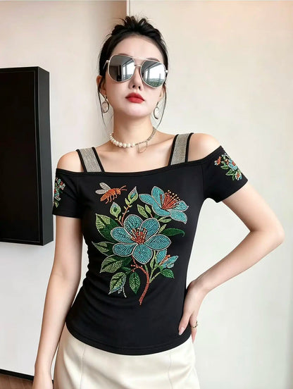 High Quality Elasticity Clothes Fashion T-Shirts Women's Sexy Off Shoulder Shiny Diamonds Mesh Tops Summer Tees Shirt
