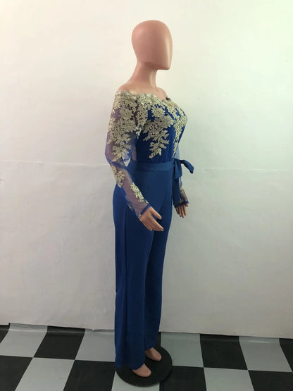 Womens Elegant Off Shoulder Long Pants Wide Leg Jumpsuits Floral Embroidery Lace See Through Cocktail Club Party Evening Rompers