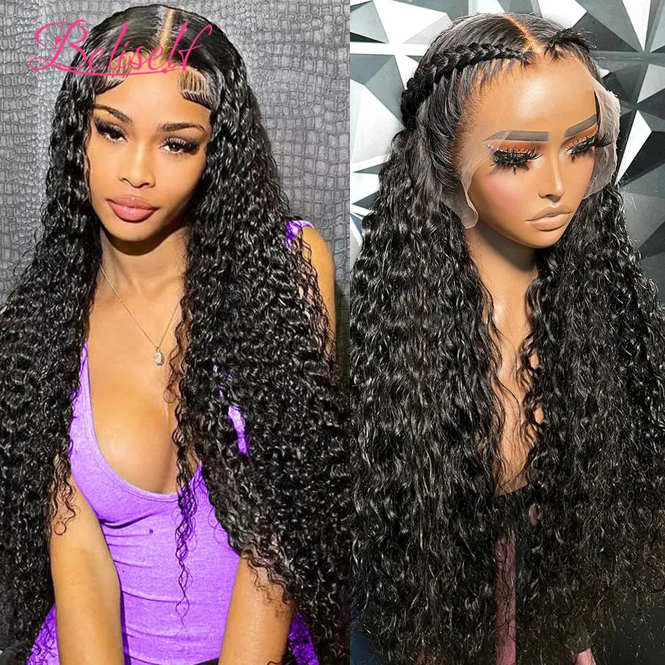 Water Wave 13x6 HD Lace Frontal Wig 250 Density Curly HD Lace Wig 13x6 Human Hair Pre Plucked Wet and Wavy Wigs Beliself