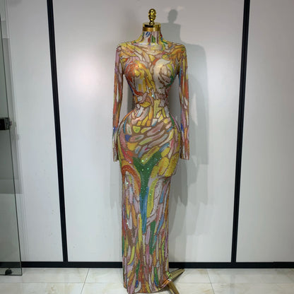 Sparkly Rhinestone Stretchy Mesh See Through Dress Women Performance Dancer Costume Rompers Party Nightclub Stage Outfit