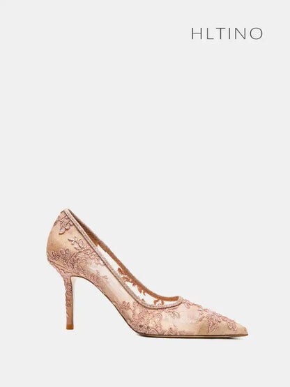 Women heels 2025 pink mesh lace Women's elegant high heels Luxury Brand Shallow Pointed Toe Sexy Pumps Ladies Prom Shoes Women