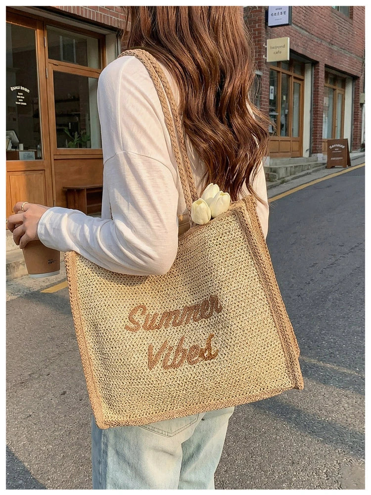 Large Capacity Women Tote Bag 2026 New Fashion Hand-made Straw Bag Female Shoulder Handbag Causal Commuter Bags for Ladies