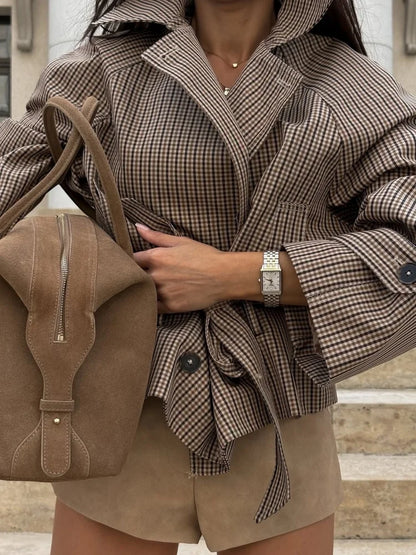 Trendy Plaid Cropped Trench Coat Women Chic Lapel Double Breasted Belted Waist Tie Long Sleeve Jacket Fall Windbreaker Outerwear