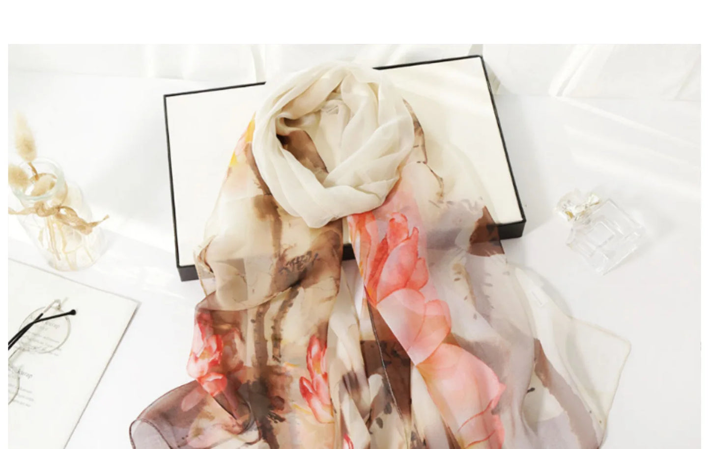 Ink Painting Lotus Summer Beach Sun Protection Chiffon Georgette Scarf Women Foulard Shawl Bandana Elegant Thin Breathable