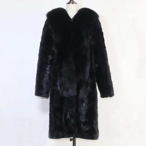 Winter Real Mink Fur Coat With Fox Fur Collar For Women Long Style 100% Genuine Mink Fur Jacket Thick Warm Natural Mink Fur Coat