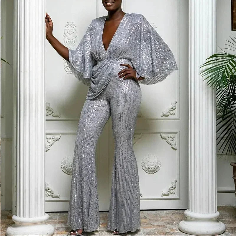 Women's Sequin Jumpsuit Sexy Deep V Backless Lady Elegant Fashion Half Sleeve Wide-leg Trousers New Party Jumpsuits