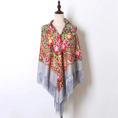 160cm Women Russian National babushka Scarf Lady Tassel Floral Print Cotton Headscarf Wraps Beach Travel Shade Shawls Bandana